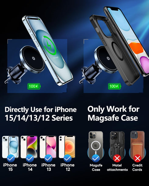 for Magsafe Car Mount Charger, 15W Fast Charging Magnetic Car Charger with Vent Mount, Car Phone Holder Wireless Charger for iPhone 15 14 13 12 Pr...