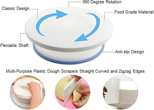 KNC 11 Inch Rotating Cake Turntable with 3x Icing Smoother, Cake Stand, Revolving Cake Stand,Cake Decorating Tools,White Baking Cake Decorating Su...