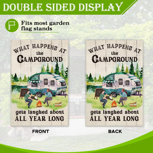 What Happens at Campground Get Laughed Garden Flag, 12 x 18 Inch Holiday Yard Outdoor Farmhouse Lawn Decoration Flag, RV Campground Bonfire Campin...