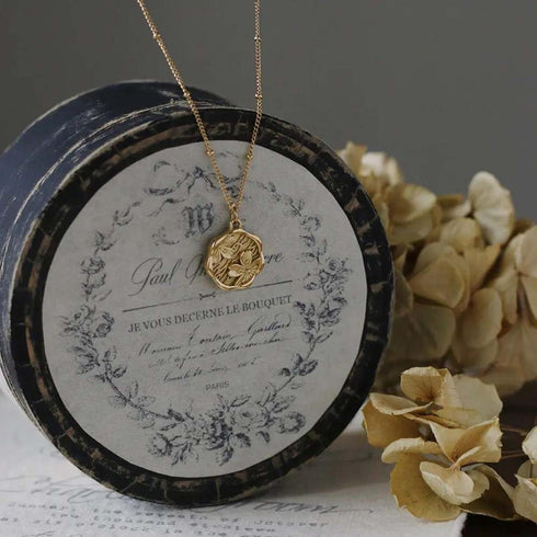 ROSE & BROWNE Gold Necklace for Women | Coin Pendant on Dainty Bead Ball Chain | Flower Engraving | 18k Gold Necklace for Stacking and Layering...