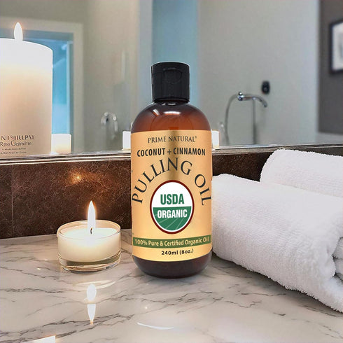 Oil Pulling with Organic Coconut & Organic Cinnamon Bark Oil 8oz - Natural Oral Care & Teeth Whitening - Alcohol Free Mouthwash Freshens Breath, H...