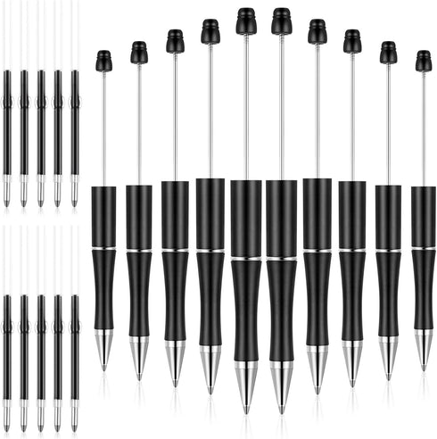 10 Pieces Plastic Beadable Pen Bead Ballpoint Pen Assorted Bead Pen Shaft Black Ink Rollerball Pen with Extra Refills for Kids Students Office Sch...