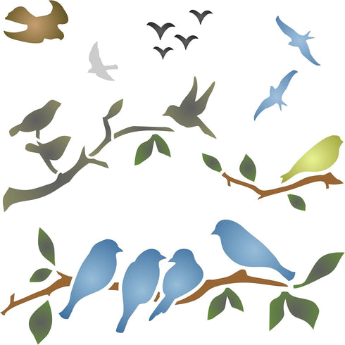 Birds on Branches Stencil, 10 x 10 inch (L) - Bird Branch Silhouette Stencils for Painting Template...