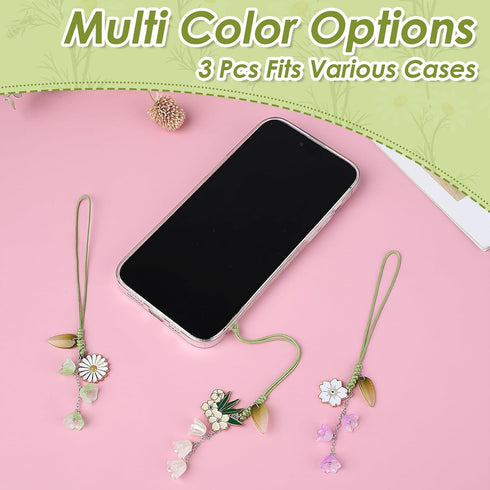 3pcs Cherry Blossom Daisy Flower Phone Charm, Mobile Phone Decorative Pendant Handmade Bracelet Keychain Cute Anti-lost Phone Chain Strap for Wome...