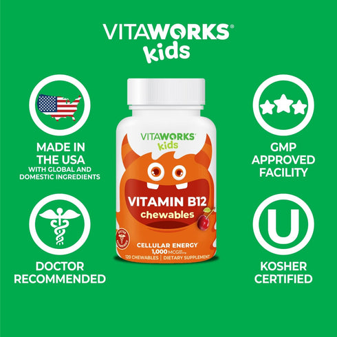 Kids Vitamin B12 1000 mcg Chewable Tablets - Tasty Natural Cherry Flavor - Vegan, GMO-Free, Gluten Free, Nut Free - Dietary Supplement - Cellular ...