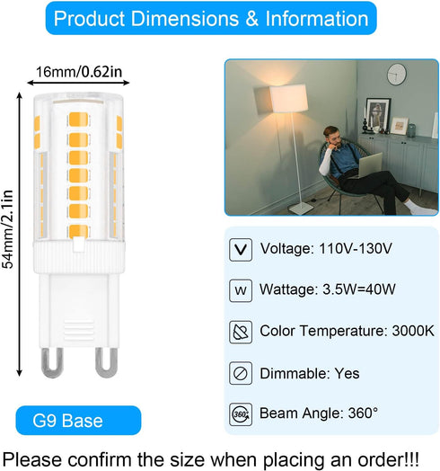 3.5W G9 LED Bulb Dimmable 40W Halogen Equivalent, Warm White 3000K 460LM 120V G9 Bi Pin Base Light Bulbs for Chandelier Lighting, 5 Pack...