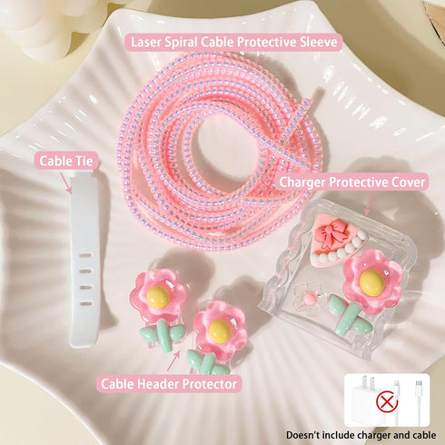 Compatible for iPhone 18W/20W USB-C Charger Cover Clear Lovely 3D Flower Floral Bowknot Design Soft Charger Protector Cute Cable Case Saver Protec...