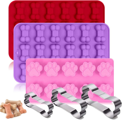Set of 6?3 Packs Silicone Molds Puppy Dog Paw & Bone Shaped and 3 Packs Stainless Steel Dog Bone Cookie Cutters,for Homemade Treats?Paw?Ice?Candy ...