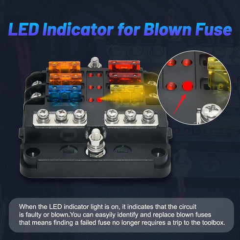 Geloo 12V Fuse Block for Boat, 6 Way Marine Fuse Block with LED Indicator, ATC/ATO Waterproof Blade Fuses Box, 6 Circuits Boat Fuse Panel for Mari...