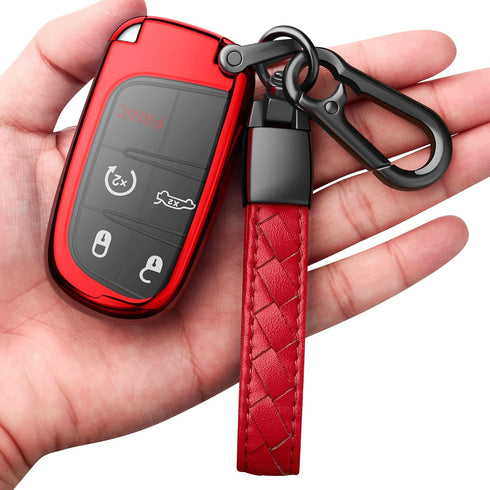 Compatible with Jeep Key Fob Cover with Leather Keychain Soft TPU Protection Key Case for Grand Cherokee Renegade Chrysler 200 300 Dodge RAM Duran...