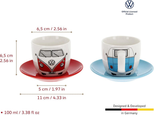 BRISA VW Collection - Volkswagen Espresso Cups Coffee-Tea-Cappuccino Set in T1 Bus Campervan Design (Bus Front/100ml/3.4 fl oz) (Set of 2 (red, bl...