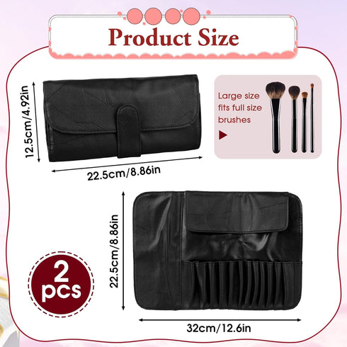 Makeup Brush Roll Up Organizer Bag, Black Travel Makeup Brush Pouch, PU Leather Make up Brush Case, Cosmetic Bags Holder for Women, Can Hold 12 Po...