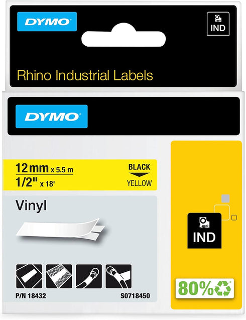 DYMO Rhino Industrial Vinyl Labels, 1/2", Black Print on Yellow Tape...