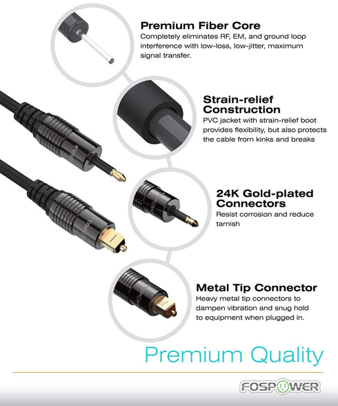 FosPower 24K Gold Plated Toslink to Mini Toslink Digital Optical S/PDIF Audio Cable with Metal Connectors & Strain-Relief PVC Jacket - 3ft/2Pack...