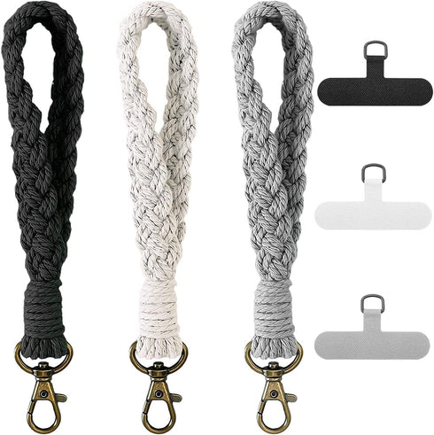 3 Pack Boho Macrame Phone Wrist Strap with 3 Pcs Phone Tether Tabs, Cell Phone Lanyard Bracelet Handmade Smartphone Wristlet Keychain with Univers...