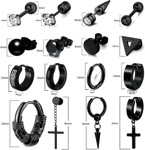 16 Pairs Men Earrings Set - Black Stainless Steel Cross Dangle Hoop & Ear Stud Fashion Piercing Jewelry for Birthdays, Parties & More...