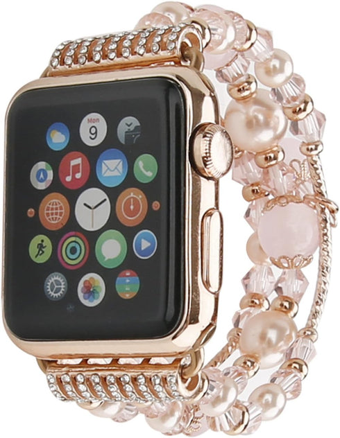 GEMEK Compatible With Apple Watch Band 38/40/41mm Rose Gold Women Pearl Bracelet Strap, Fashion Handmade Elastic Agate Replacement for iWatch Band...
