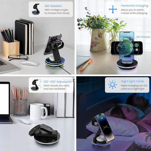 3 in 1 Charging Station for Apple Devices, 15W Fast Charger Stand Magnetic Wireless Charger Station, Rotatable & Foldable with Night Light for iPh...