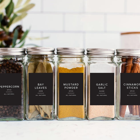 ThreeKin 230 Spice Jar Labels | Waterproof & Oil-Resistant Black Minimalist Stickers for Kitchen Organization | Common & Customizable for Herbs, S...