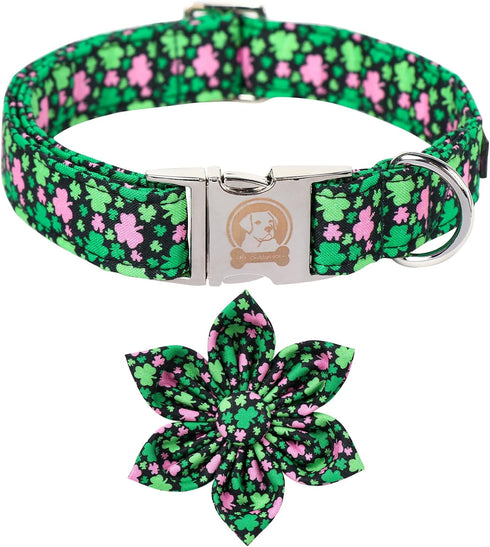 MR. CHUBBYFACE St.Patrick's Day Clover Dog Collar,Pink Green Clovers Adjustable Dog Collar with Flower Tie for Small Medium Large Dogs,L...