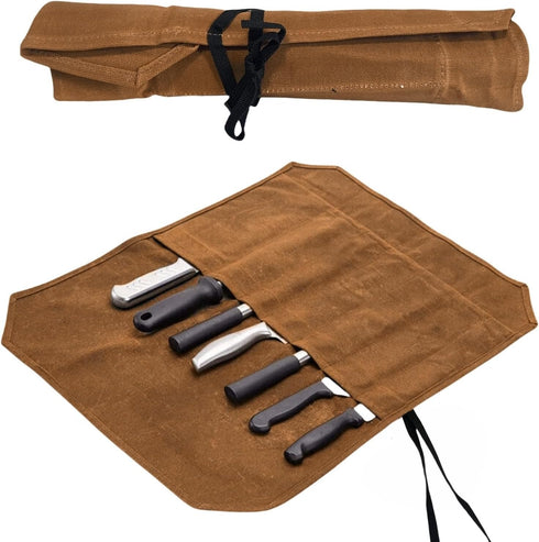 Waxed Canvas Knife Roll Bag,Portable Knife Cultery Carrier,Professional Chef Knife Case,Waterproof Knife Roll Storage Bag with 8 Slots,Holds 8 inc...