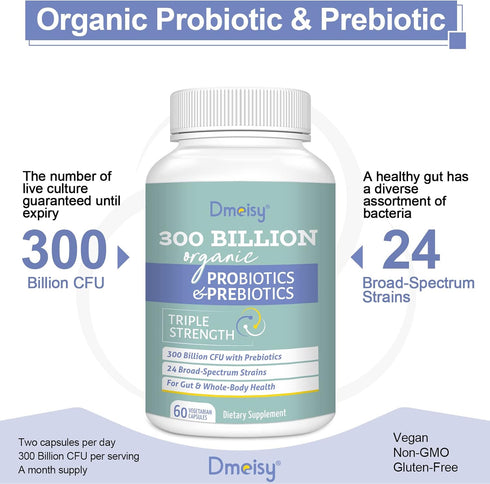 Probiotics for Women and Men 300 Billion CFU 24 Strains Probiotics with 15 Organic Herbs Prebiotics Blend Shelf Stable Probiotic Supplement for Di...