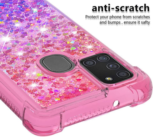 for Samsung Galaxy A21S Case with Tempered Glass Screen Protector,Women Girls Glitter Bling Floating Liquid Cute Soft TPU Shockproof Protective Ph...