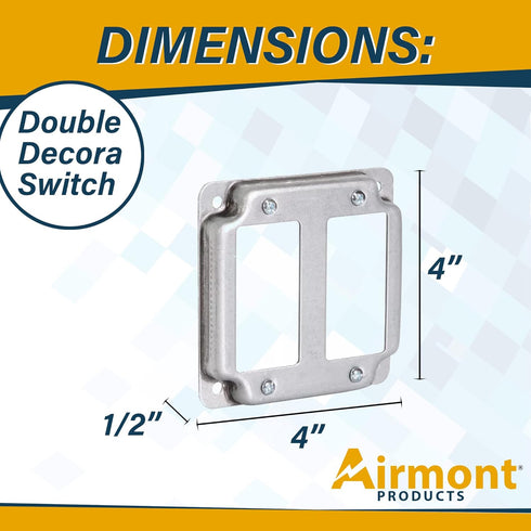 AP-12094, 4" Square Double Decora Switch Electrical Box Cover, 1/2" Raised, Exposed Work, Galvanized Steel, Crushed Corners, 2-Gang...