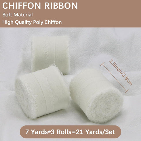Chiffon Ribbon Fringe Fabric Ribbons 3 Rolls 1.5" Wide x 7 Yd Cream White Handmade Silk Chiffon Ribbon for Flowers Bouquets Wedding Decorations In...