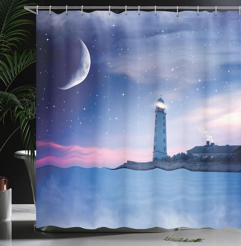 Ambesonne Lighthouse Shower Curtain, Lighthouse at Night Oceanic Space Stars Moon Smock Fantasy View Print, Cloth Fabric Bathroom Decor Set with H...