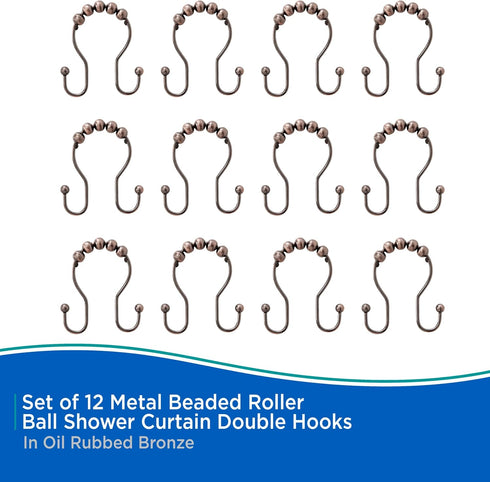 Kenney KN67122 Rust-Resistant Gliding Metal Beaded Shower Curtain Rings with Double Hanging Hooks for Shower Curtain and Standard Shower Curtain R...