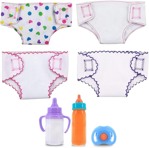 4Pcs Doll Diapers Doll Underwear for 14-18 Inch Baby Dolls Reusable Diapers Set with 3 Pcs Doll Feeding (Milk & Juice Bottles Toy Pacifier)...