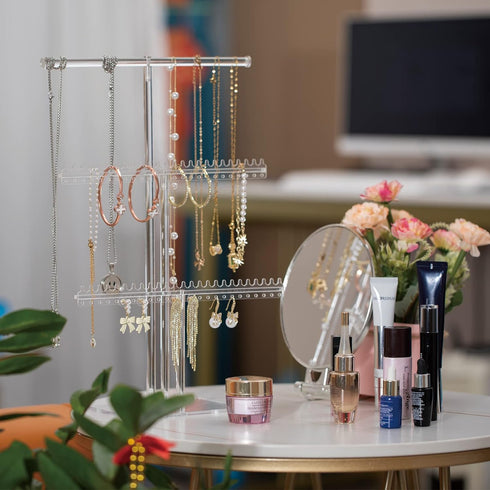 Premium Jewelry Stand, Earring Holder, Necklace Holder Stand, Clear 3-Tier Acrylic Large Storage Jewelry Organizer Stand & Bracelet/Bangles Stand,...