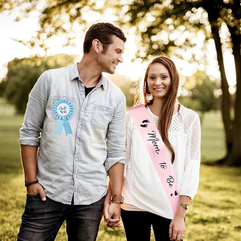2 Packs Baby Shower Decorations Pink Mom Sash and Blue Dad Tinplate Badge Baby Welcome Party Gifts...