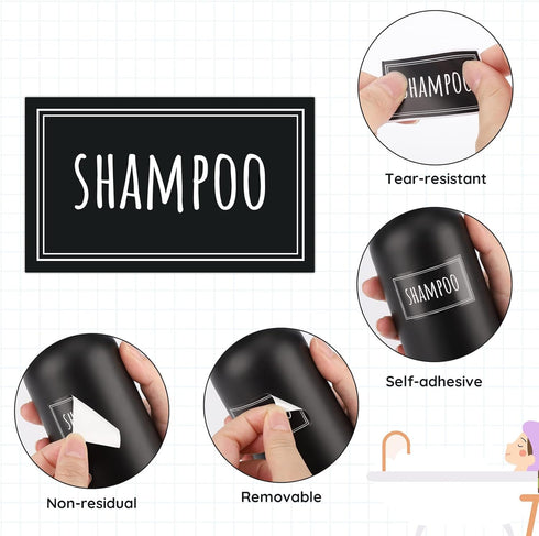 Segbeauty 36PCS Black Waterproof Labels, Self-Adhesive Bathroom Labels for Organizing, Removable Printed Shampoo Conditioner Body Soap Bath Salt E...