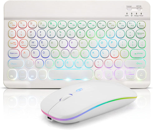 Ultra-Slim Bluetooth Keyboard and Mouse Portable Mini Wireless Keyboard Rechargeable 7-Color Backlit for Apple iPad iPhone Samsung Tablet iPhone S...
