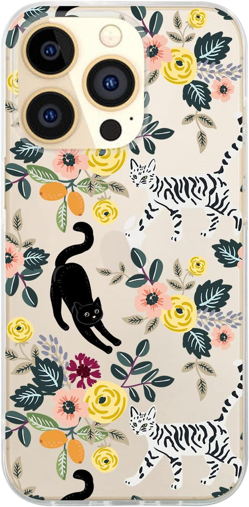 Blingy's Compatible for iPhone 13 Pro Max Case (6.7 inch), Cute Cat Style with Flower Pattern Fun Floral Animal Design Transparent Soft TPU Protec...