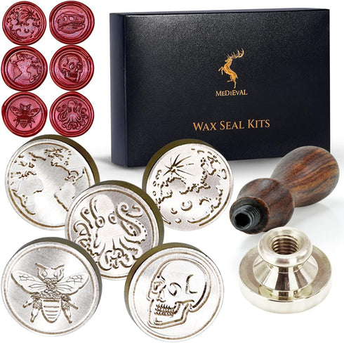 Wax Seal Stamp Kit, Set of 6 Sealing Wax Stamp with Brass Head Wooden Handle (Moon & Sun World Map Dinosaur Skeleton Bumblebee Octopus Design)...