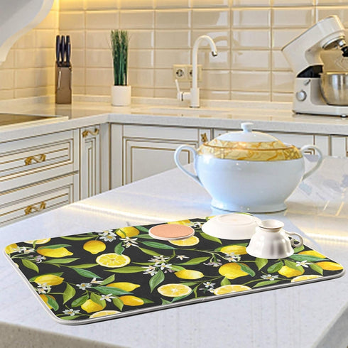 ALAZA Yellow Lemon on Black Dish Drying Mat for Kitchen Counter Absorbent Microfiber Large Drying Pad Dish mats for Kitchen Countertops 18 x 24 In...
