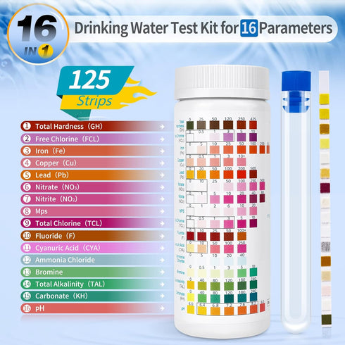 16 in 1 Premium Water Test Kit - 125 Home Water Quality Test Strips for Well and Tap Test Kit - Testing for pH, Hardness, Chlorine, Lead, Iron, Co...