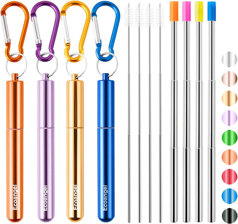 Cruise Ship Essentials,4-Pack reusable Collapsible Stainless Steel Drinking Straws with Aluminum Case,Cleaning Brush,and Keychains (Gold & purple ...
