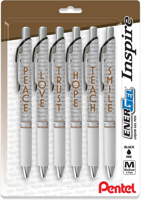 Pentel® EnerGel™ Inspire Pens, Medium Point, 0.7 mm, White Barrel, Black Ink, Pack Of 6 Pens...