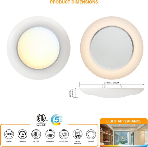 6 Inch LED Low Profile Disk Light with Night Light, 120VAC, 15W, 5CCT Color Changing, 1000LM, Dimmable, ETL, Shower Wet Rated Screw in Flush Mount...