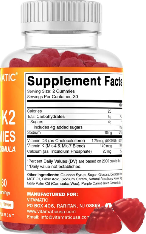 Vitamatic Vitamin D3 K2 Gummies - 60 Count - Supports Healthy Bone, Heart & Calcium Absorption, & Immune Health - Plant Based, Non-GMO, Gluten Fre...