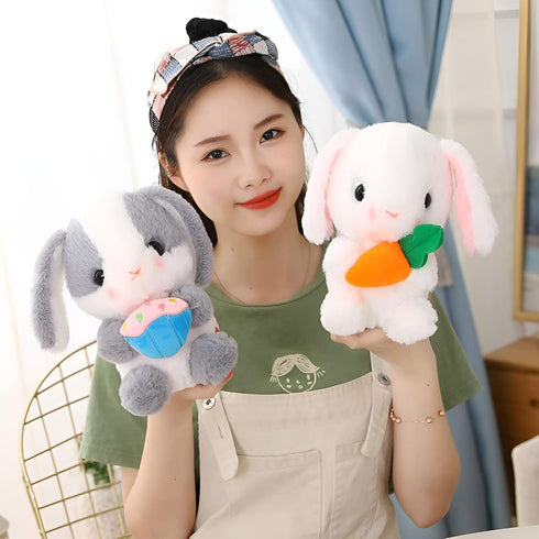 HOUPU Soft Toy - Sitting Lop Eared Rabbit, Easter White Rabbit Stuffed Bunny Animal with Carrot Soft Lovely Realistic Long-Eared Standing Pink Plu...