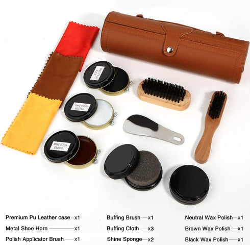 Shoe Shine Kit with PU Leather Sleek Elegant Case, 12-Piece Travel Shoe Shine Brush kit...