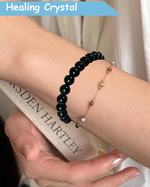 8mm Natural Black Obsidian Stretch Bracelet,Adjustable Hand Chain for Anxiety Relief,Birthday Christmas Gift for Mum Dad Hunsband...
