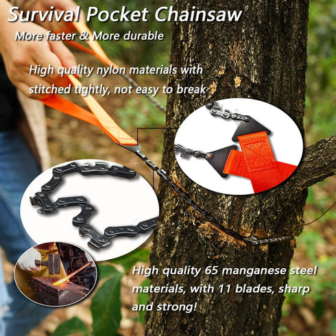 Pocket Chainsaw 25 Inch 65Mn Heavy Duty Fired Steel Pocket Saw 11 Teeth Hand Chainsaw Folding Camping Saw Rope Saw Camp Survival Saw Backpacking G...