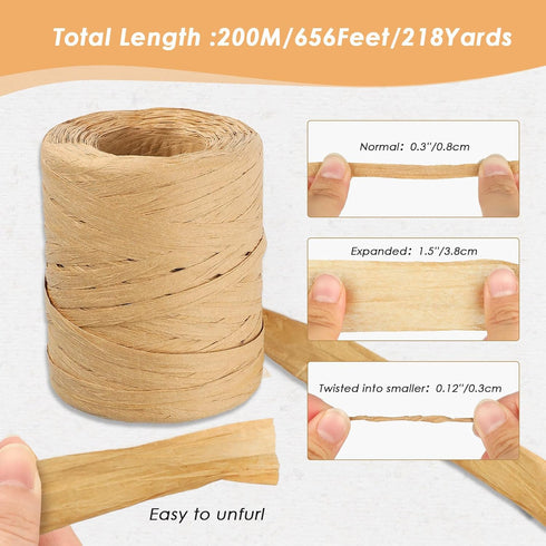 G2PLUS 218 Yards Raffia Paper Craft Ribbon, 1/4 Inch Wide Raffia Ribbon for Gift Wrapping, Brown Raffia Packing Twine String for DIY Arts&Crafts, ...