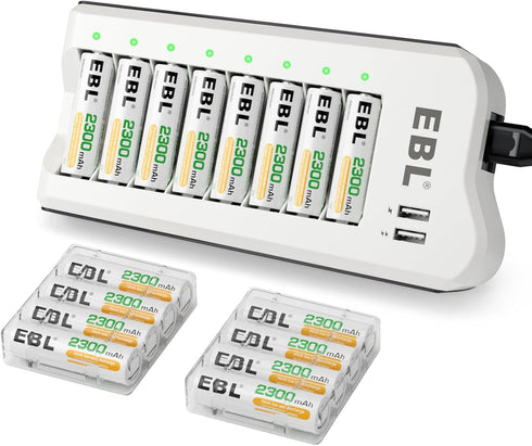EBL 2300mAh Ni-MH AA Rechargeable Batteries (16 Pack) and Rechargeable AA AAA Battery Charger with 2 USB Charging Ports...